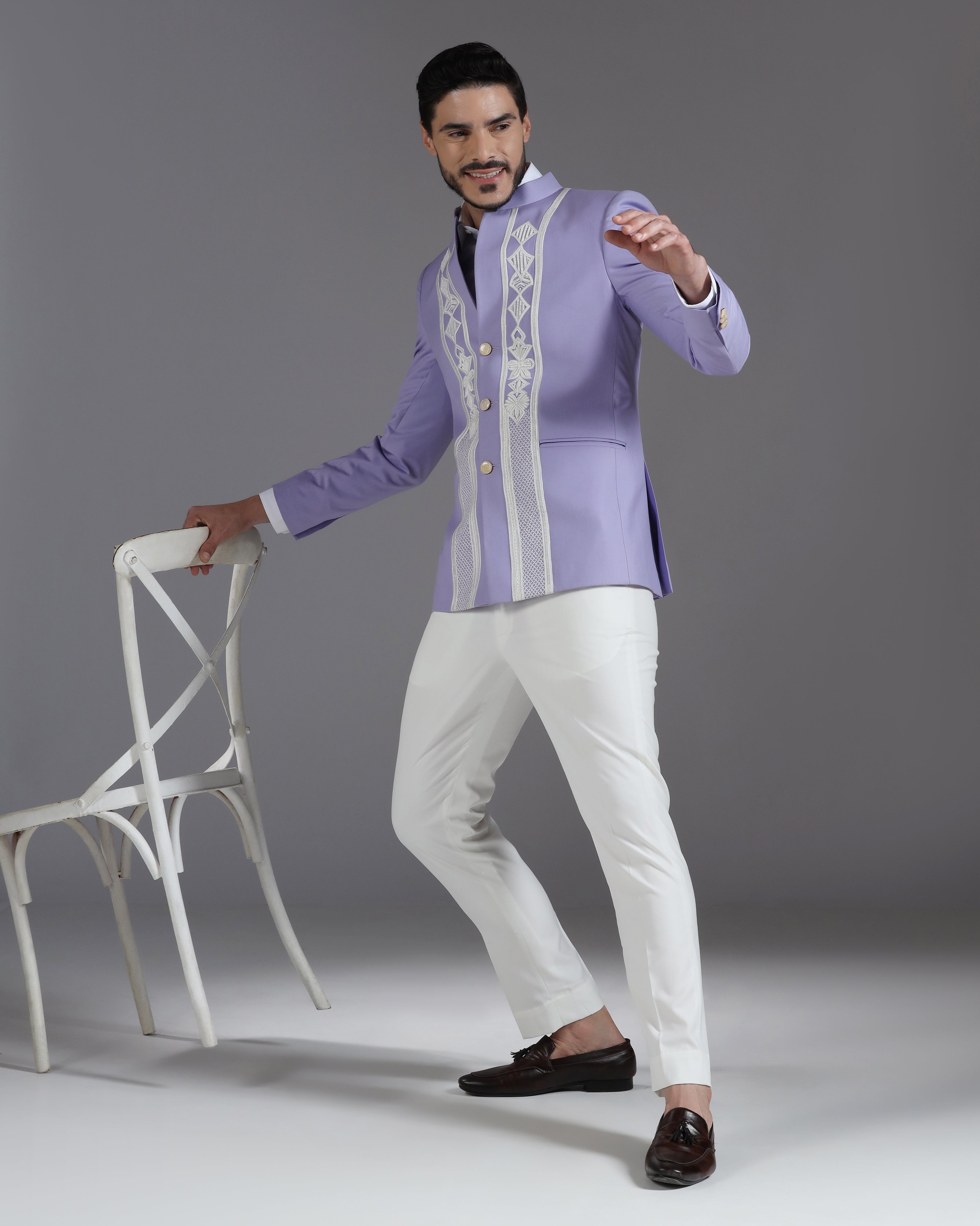 Lilac Embroidered 3-Button Bandhgala