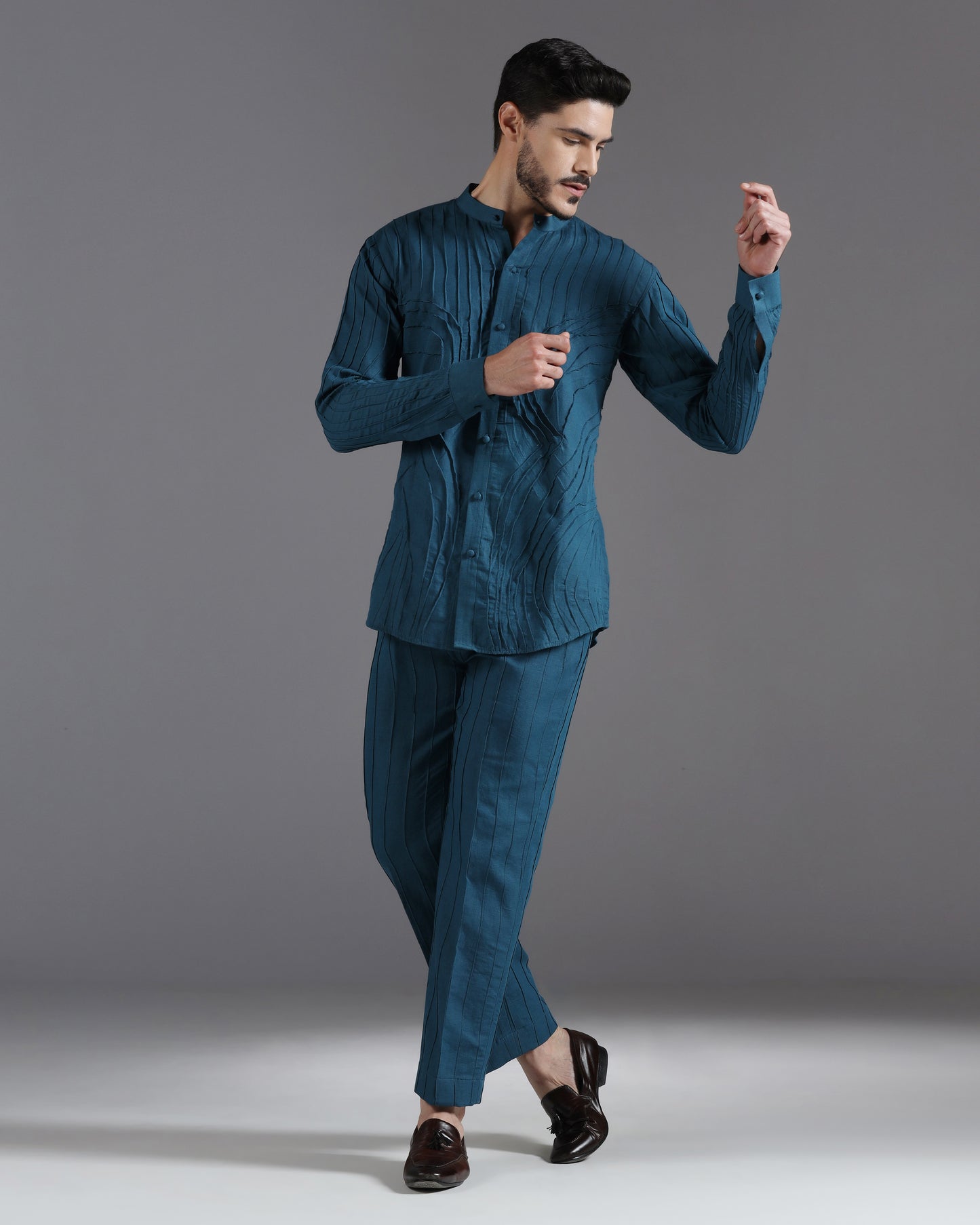 Ocean Teal pintuck luxury cotton satin co-ord set | Bhavya Bhasin Couture