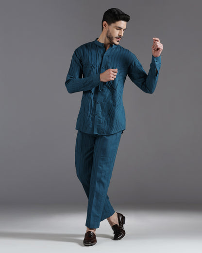 Ocean Teal pintuck luxury cotton satin co-ord set | Bhavya Bhasin Couture