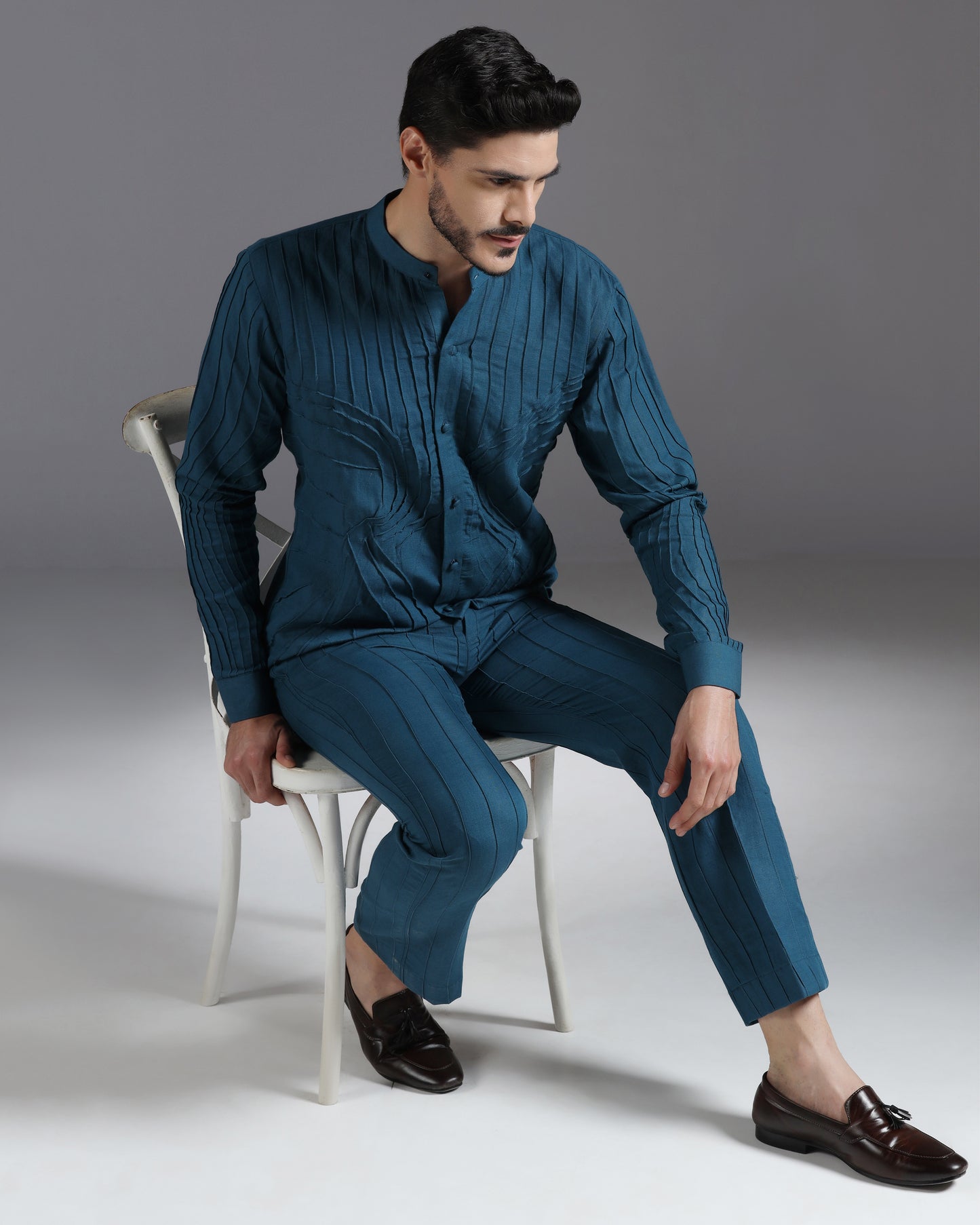 Bhavya Bhasin "Ocean Teal" Pintuck Textured Luxury Cotton Satin Co-ord Set