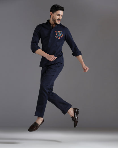 Graffiti Raccoon navy co-ord set men's resort | Bhavya Bhasin Couture