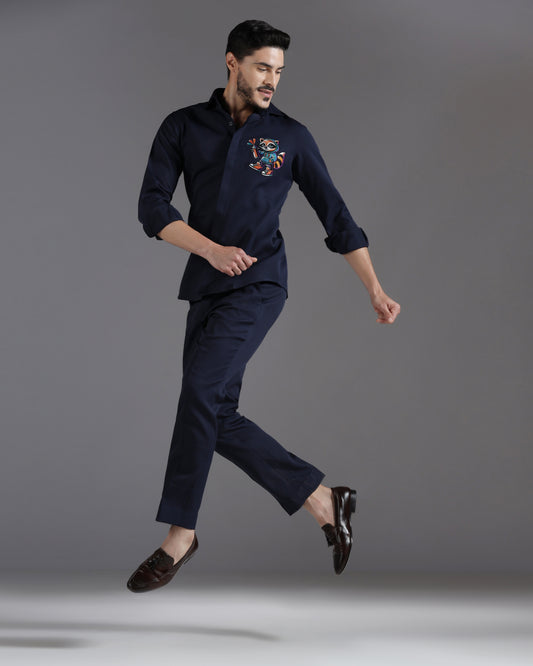 Graffiti Raccoon navy co-ord set men's resort | Bhavya Bhasin Couture