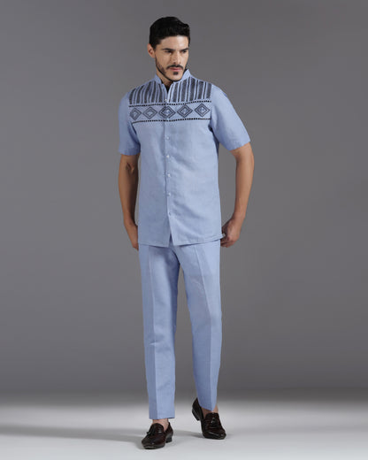 Periwinkle Prism geometric embroidered cotton linen co-ord | Bhavya Bhasin Couture