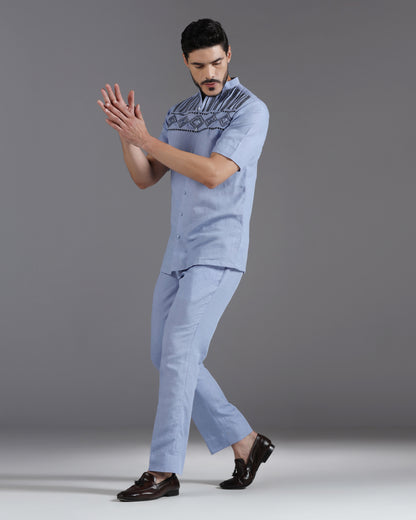 Bhavya Bhasin "Periwinkle Prism" Geometric Embroidered Cotton Linen Co-ord Set