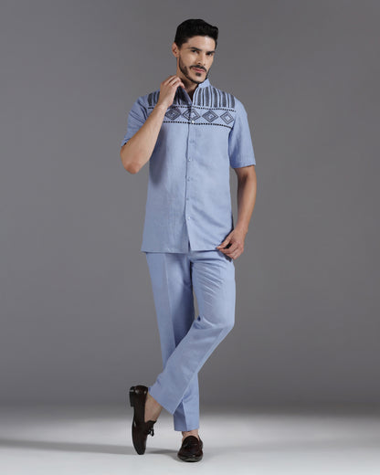 Bhavya Bhasin "Periwinkle Prism" Geometric Embroidered Cotton Linen Co-ord Set