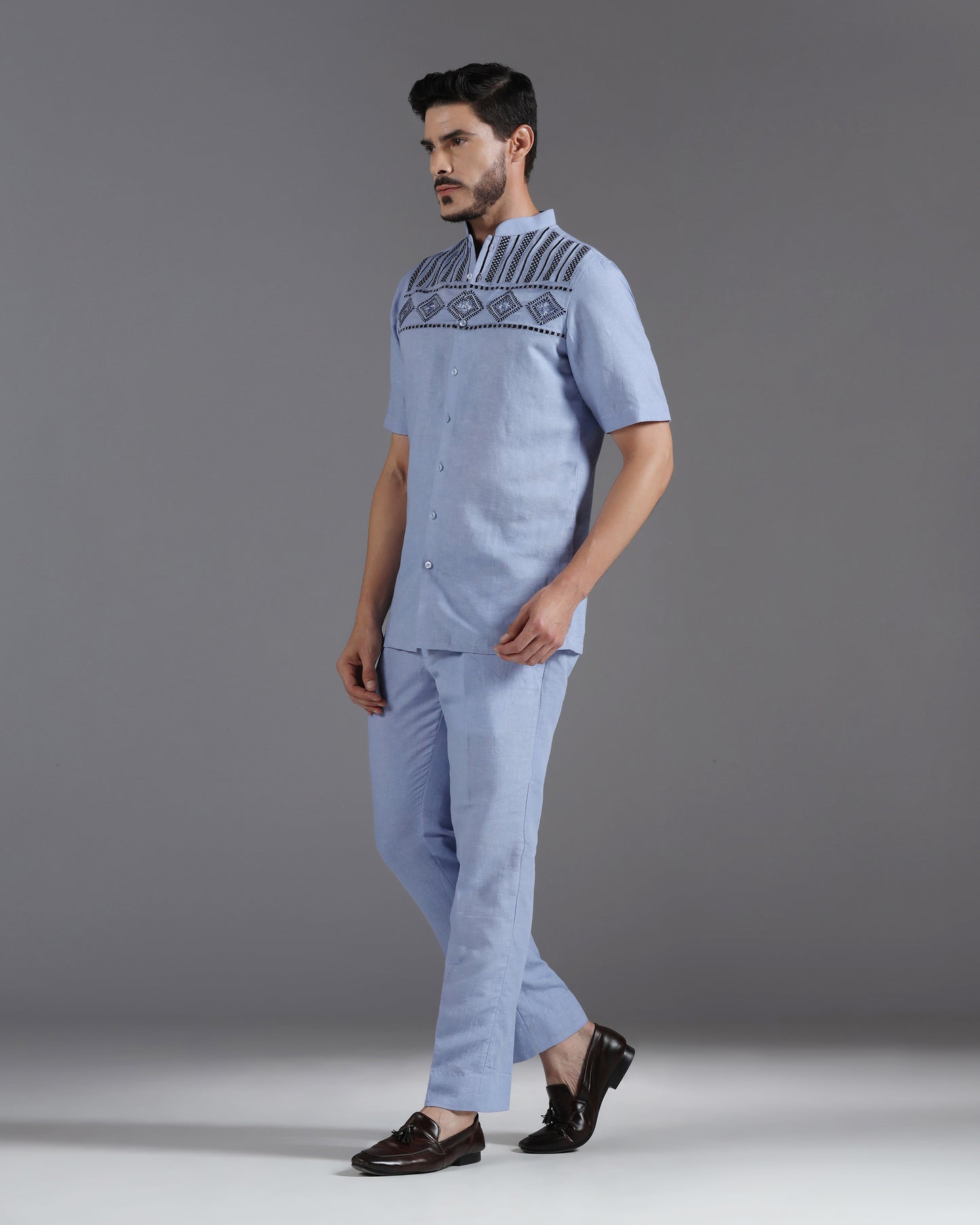 Bhavya Bhasin "Periwinkle Prism" Geometric Embroidered Cotton Linen Co-ord Set
