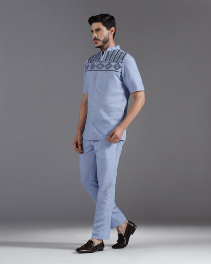 Bhavya Bhasin "Periwinkle Prism" Geometric Embroidered Cotton Linen Co-ord Set