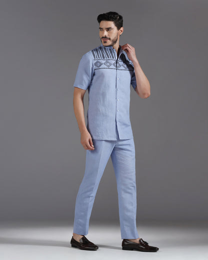 Bhavya Bhasin "Periwinkle Prism" Geometric Embroidered Cotton Linen Co-ord Set