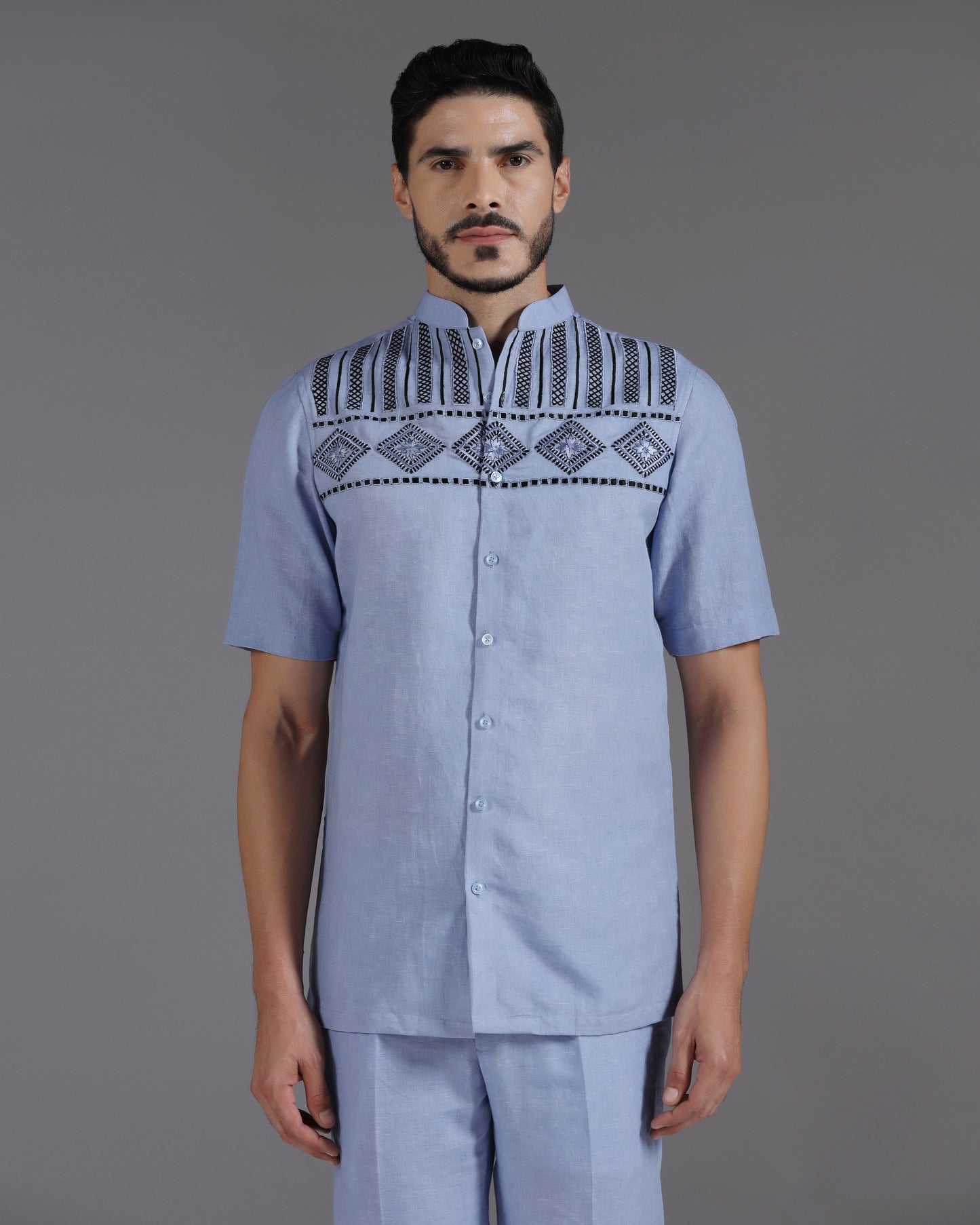 Bhavya Bhasin "Periwinkle Prism" Geometric Embroidered Cotton Linen Co-ord Set