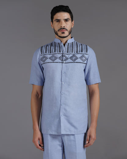 Bhavya Bhasin "Periwinkle Prism" Geometric Embroidered Cotton Linen Co-ord Set