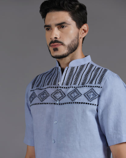 Bhavya Bhasin "Periwinkle Prism" Geometric Embroidered Cotton Linen Co-ord Set