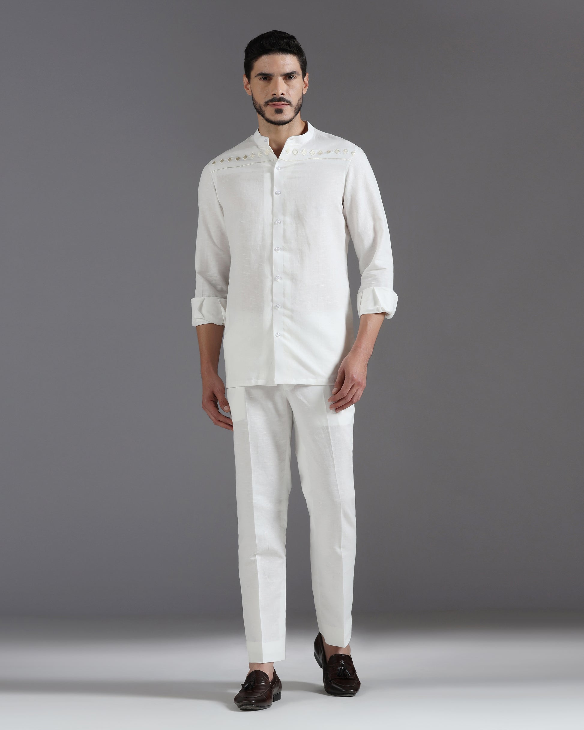 Ivory Serenity thread embroidered cotton linen co-ord set | Bhavya Bhasin Couture