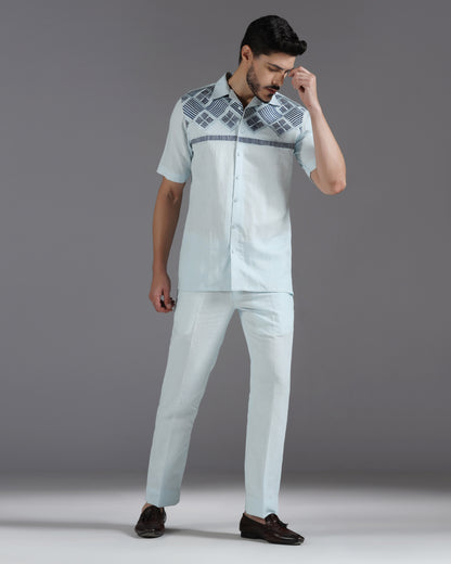 Coastal Geometry sky blue embroidered cotton linen co-ord | Bhavya Bhasin Couture