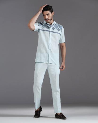 Bhavya Bhasin "Coastal Geometry" Embroidered Sky Blue Cotton Linen Co-ord Set