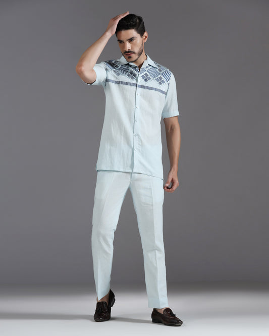 Bhavya Bhasin "Coastal Geometry" Embroidered Sky Blue Cotton Linen Co-ord Set