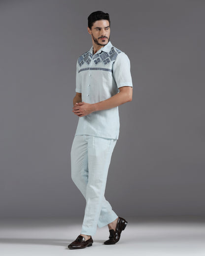 Bhavya Bhasin "Coastal Geometry" Embroidered Sky Blue Cotton Linen Co-ord Set