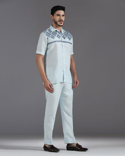 Bhavya Bhasin "Coastal Geometry" Embroidered Sky Blue Cotton Linen Co-ord Set