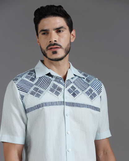 Bhavya Bhasin "Coastal Geometry" Embroidered Sky Blue Cotton Linen Co-ord Set