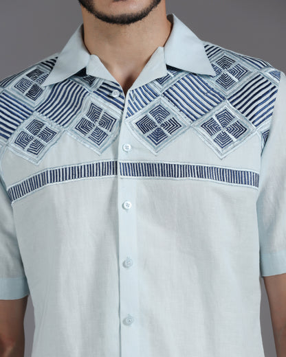 Bhavya Bhasin "Coastal Geometry" Embroidered Sky Blue Cotton Linen Co-ord Set