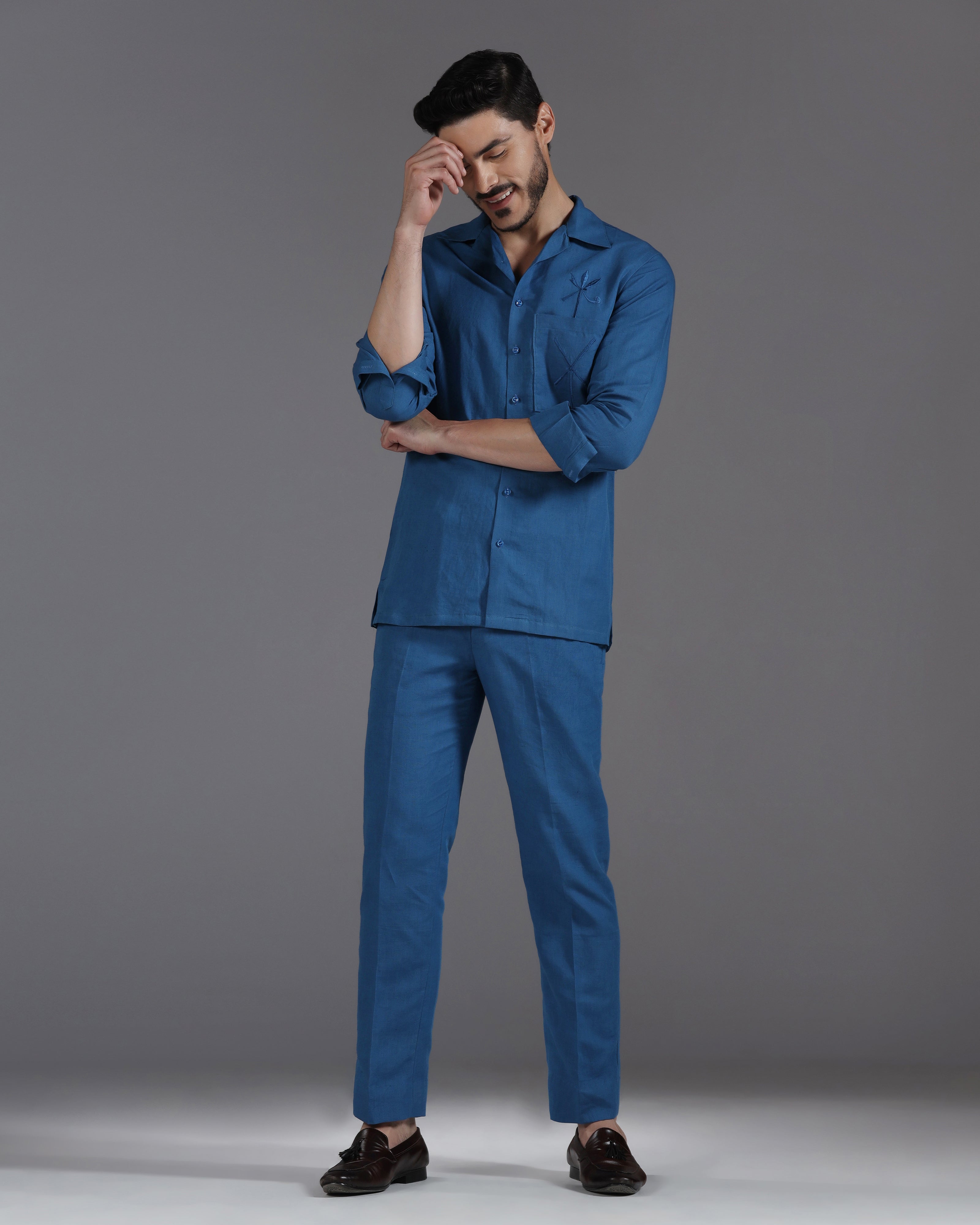 Sapphire Whisper: Handcrafted Linen Co-Ord with Tonal Thread Embroidery