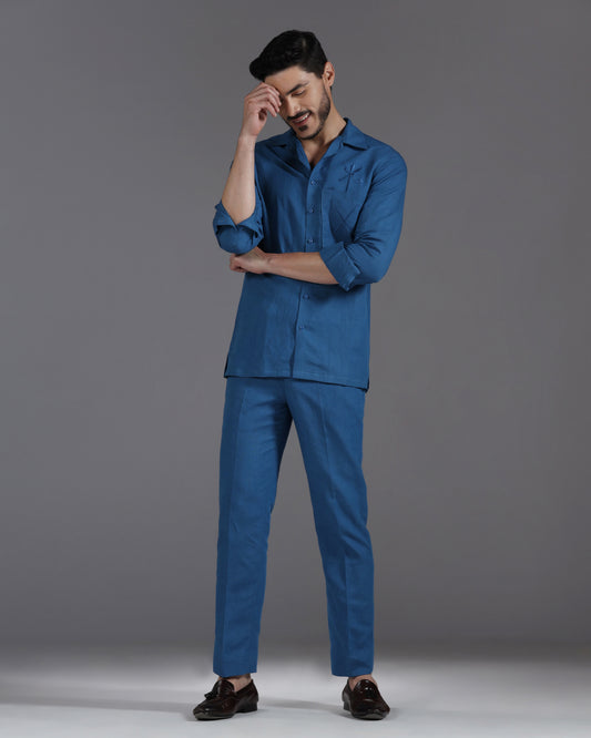 Sapphire Whisper tonal thread embroidered cotton linen co-ord | Bhavya Bhasin Couture