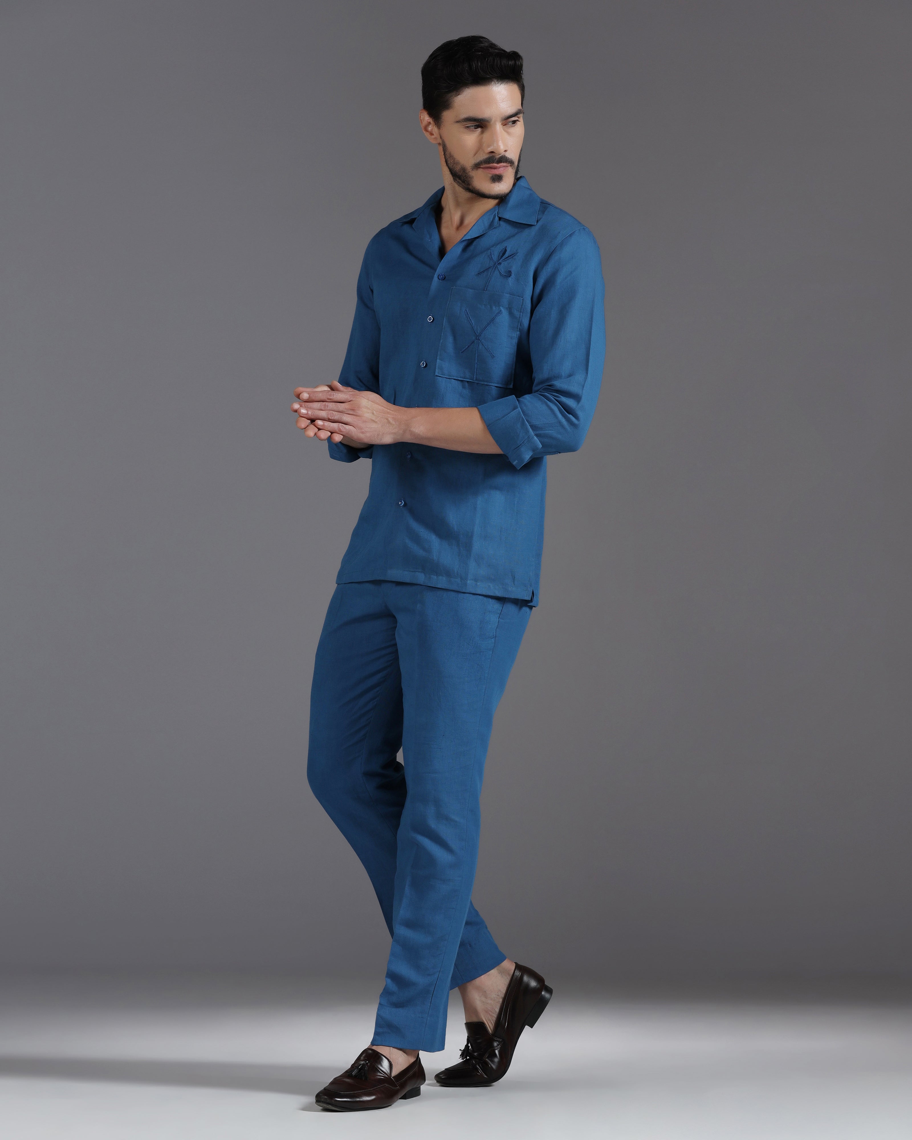 Sapphire Whisper: Handcrafted Linen Co-Ord with Tonal Thread Embroidery