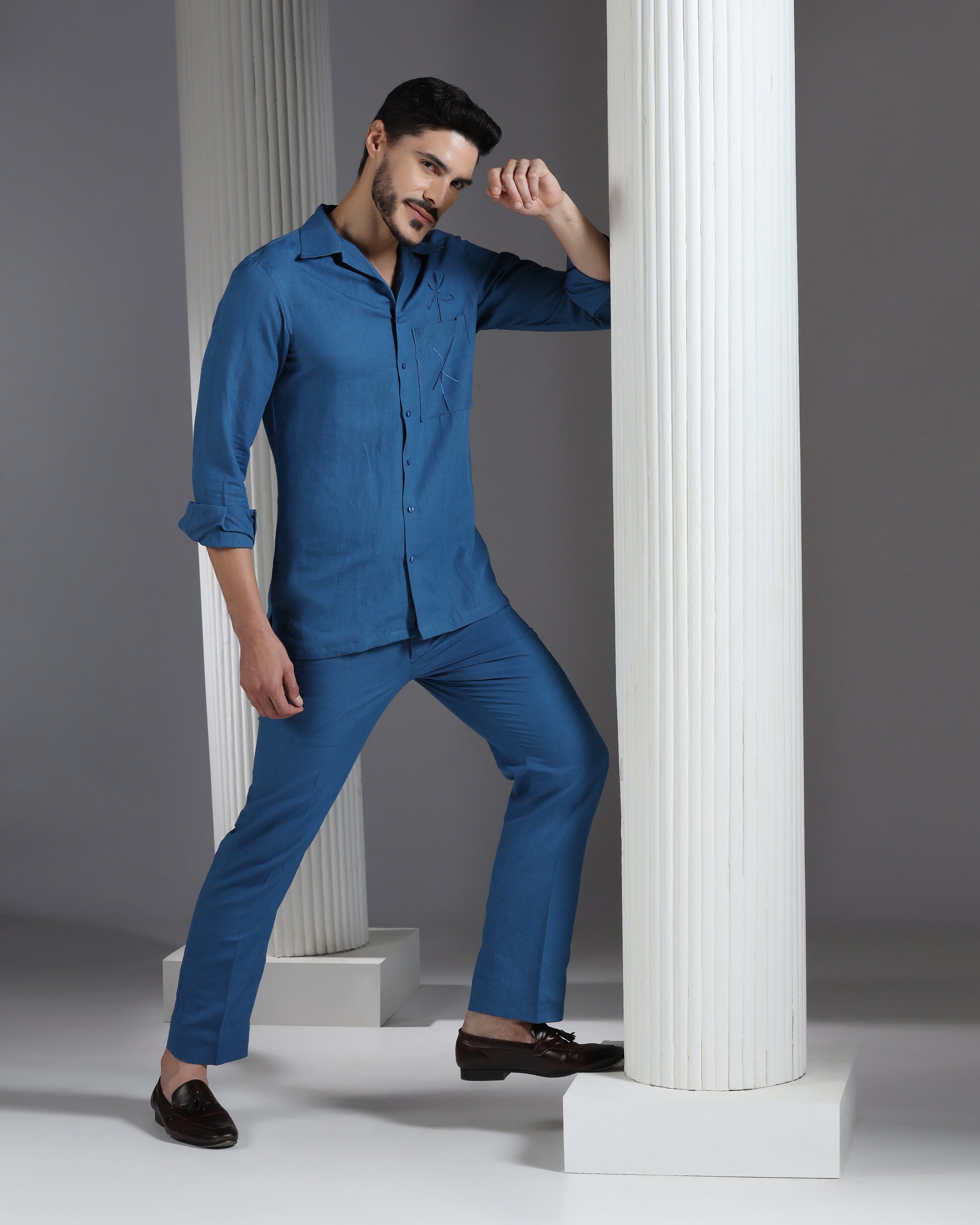 Sapphire Whisper: Handcrafted Linen Co-Ord with Tonal Thread Embroidery