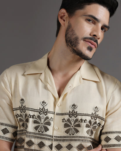 Bhavya Bhasin "Desert Muse" Symmetrical Embroidered Sand Cotton Linen Co-ord Set