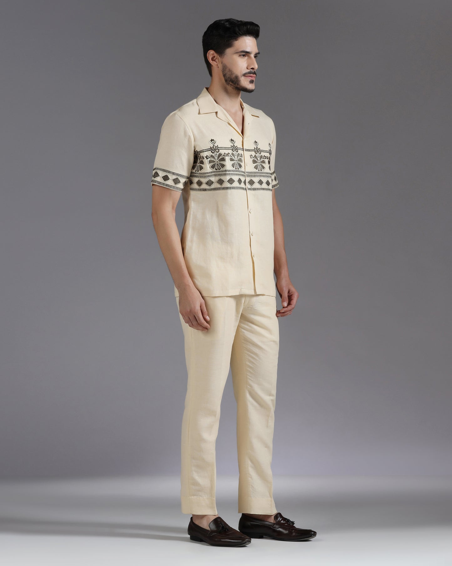 Bhavya Bhasin "Desert Muse" Symmetrical Embroidered Sand Cotton Linen Co-ord Set
