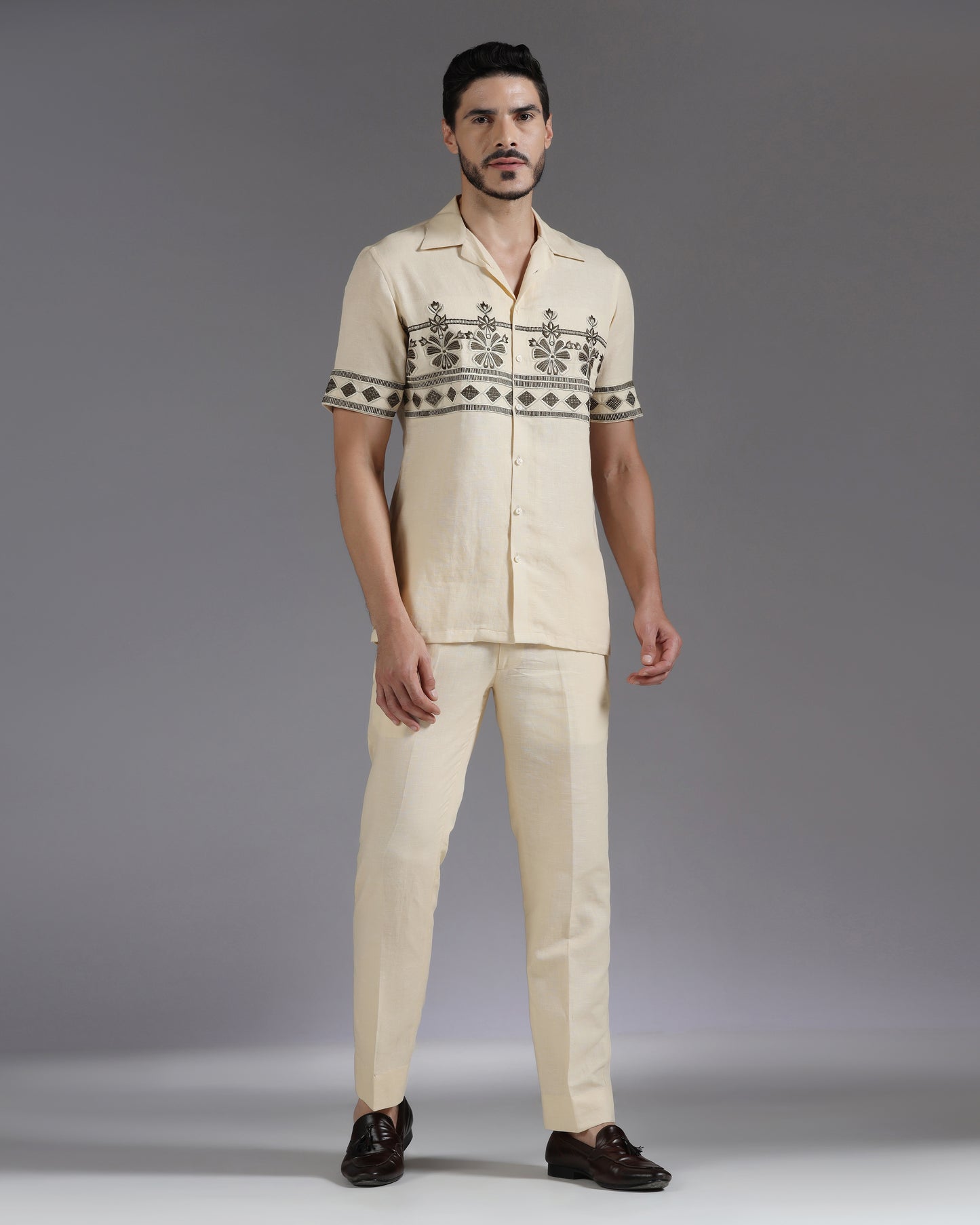 Bhavya Bhasin "Desert Muse" Symmetrical Embroidered Sand Cotton Linen Co-ord Set