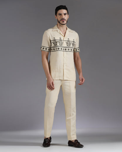 Bhavya Bhasin "Desert Muse" Symmetrical Embroidered Sand Cotton Linen Co-ord Set