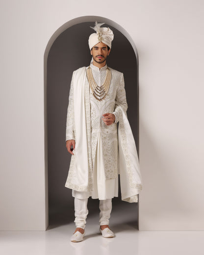 Golden harmony tone-on-tone hand embroidery sherwani | Bhavya Bhasin Couture
