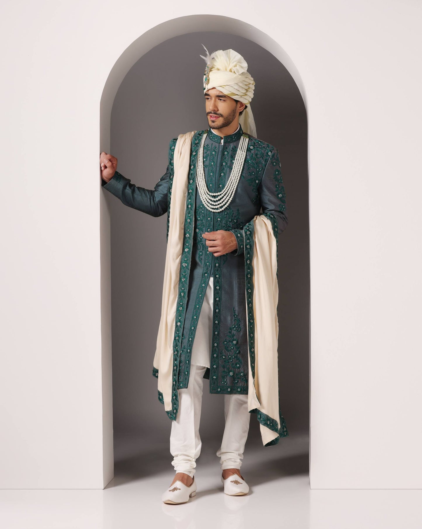Forest green threadwork groom sherwani for baraat | Bhavya Bhasin Couture