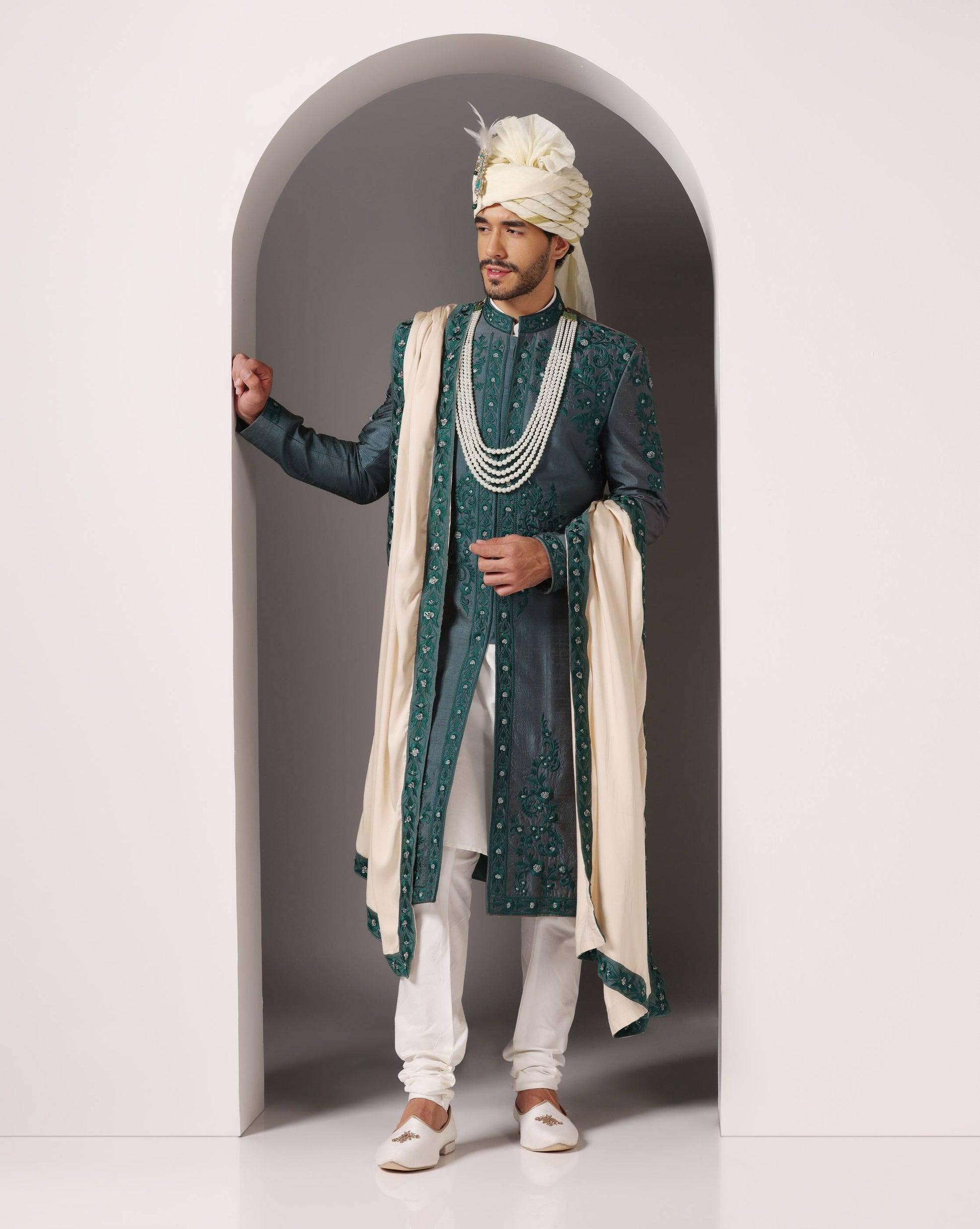 Forest green threadwork groom sherwani for baraat | Bhavya Bhasin Couture