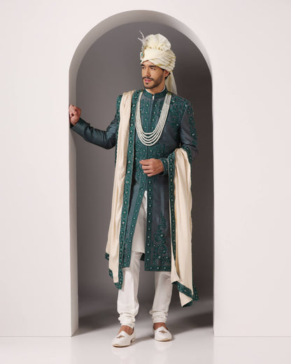 Forest green threadwork groom sherwani for baraat | Bhavya Bhasin Couture