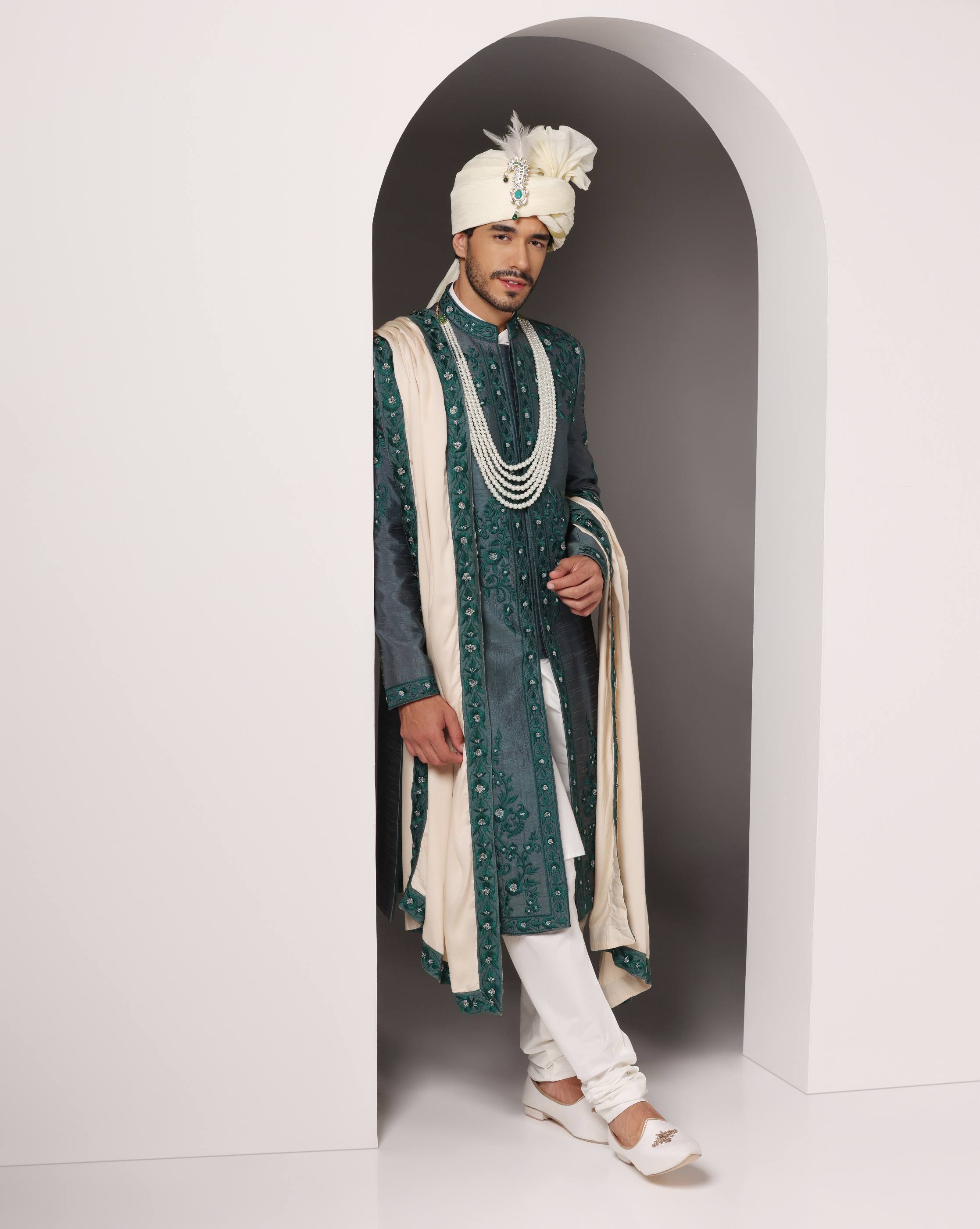 Majestic Forest Green Threadwork Sherwani Ensemble