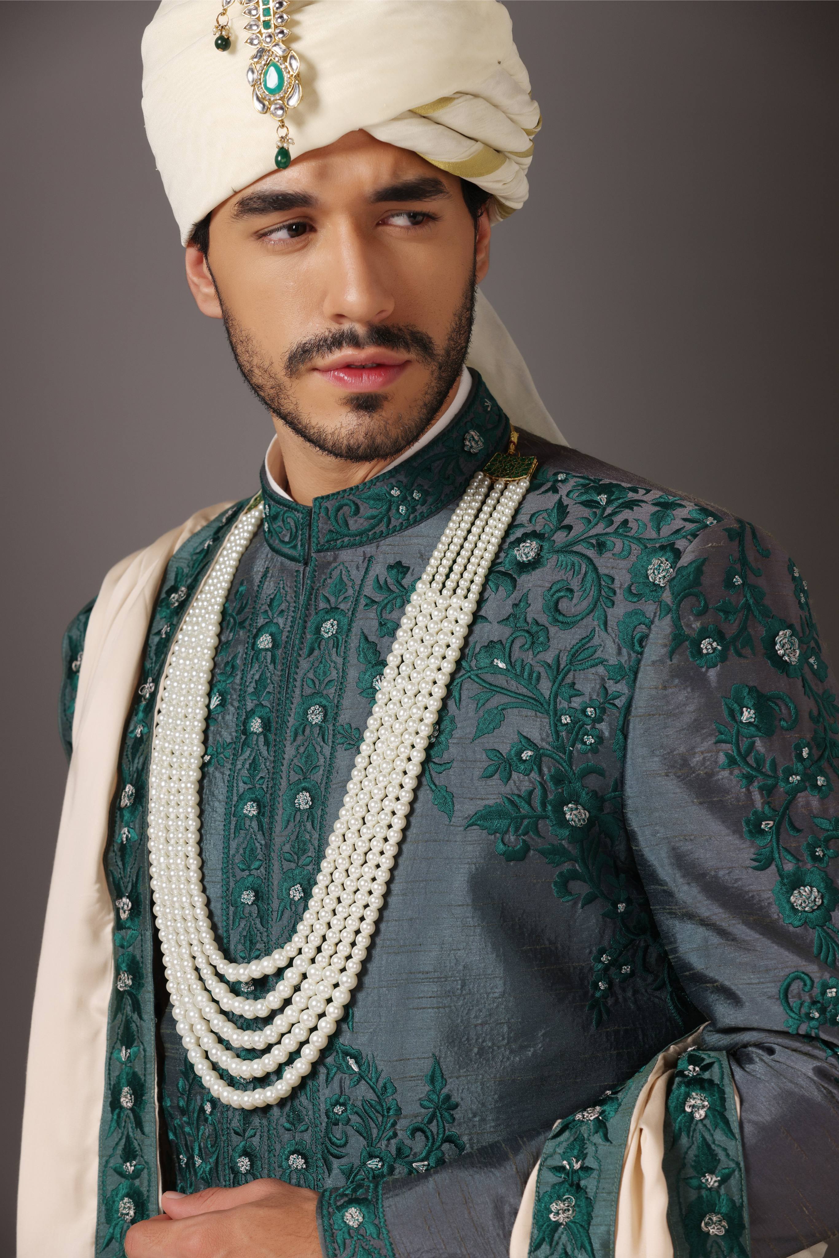 Majestic Forest Green Threadwork Sherwani Ensemble