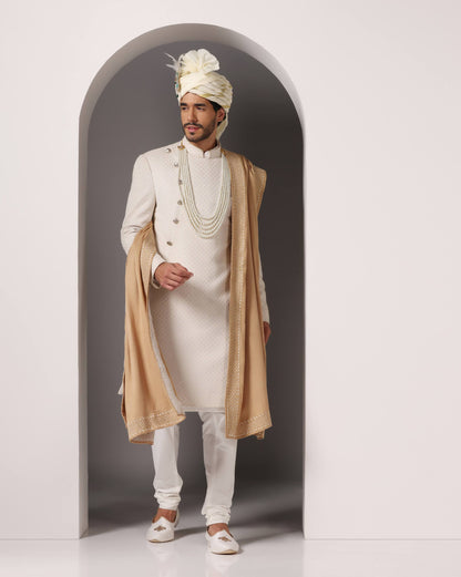 Lukhnawi Zareen Khat ivory groom sherwani front detail | Bhavya Bhasin Couture