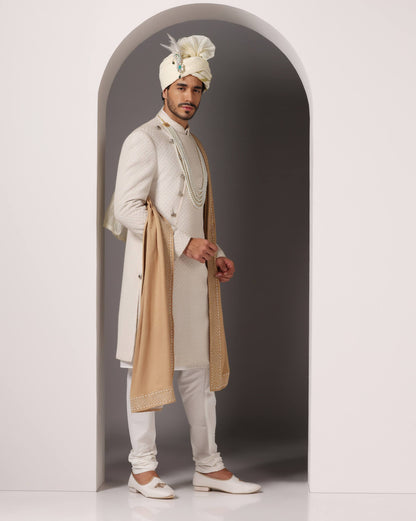 Ivory Zareen Khat sherwani embroidery close view | Bhavya Bhasin Couture
