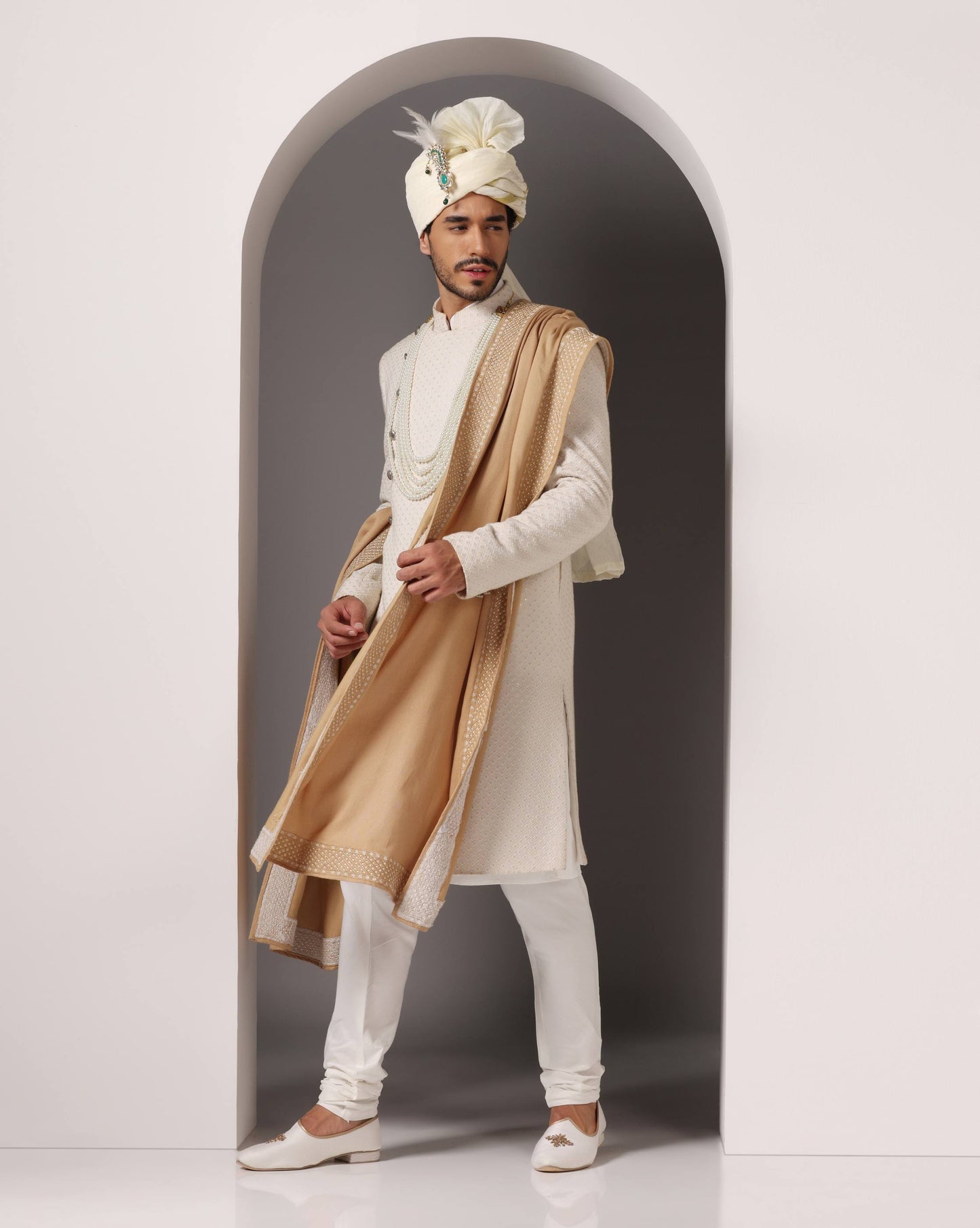 Lukhnawi "Zareen Khat" Ivory C-Cut Sherwani Set