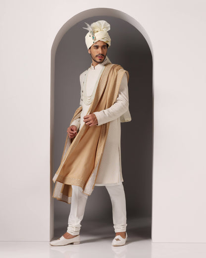 Ivory groom sherwani full-length rear angle | Bhavya Bhasin Couture