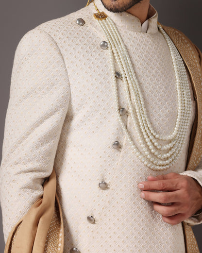 Lukhnawi Zareen Khat ivory C-cut sherwani side view | Bhavya Bhasin Couture