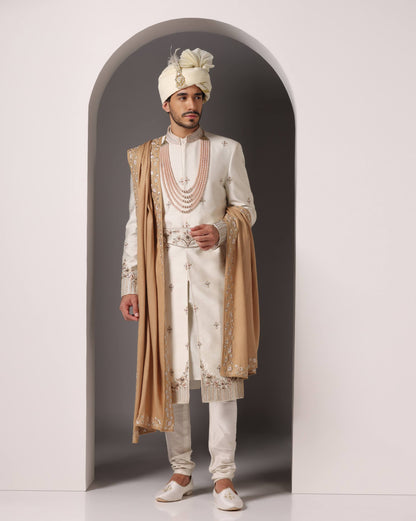 Ivory Dabka Zari embroidery sherwani set for groom | Bhavya Bhasin Couture