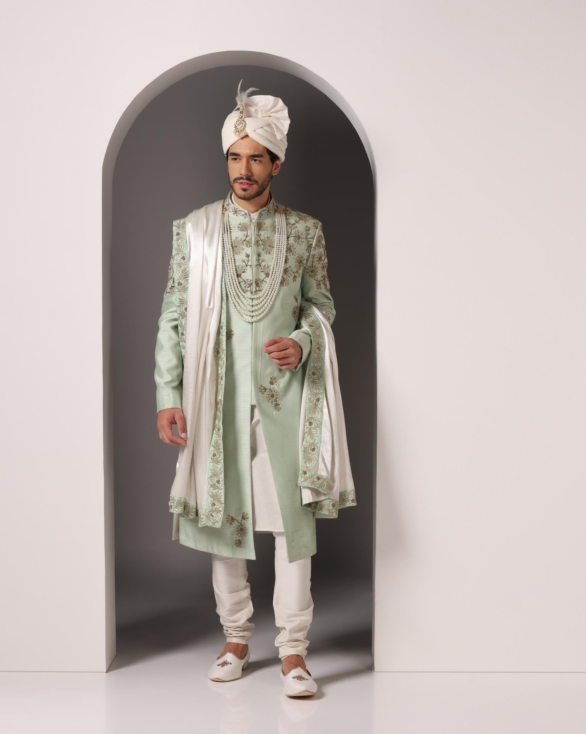 Pista green Shahi Zar Zari Dabka groom sherwani set | Bhavya Bhasin Couture