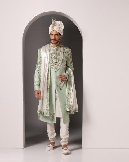 Pista green Shahi Zar Zari Dabka groom sherwani set | Bhavya Bhasin Couture