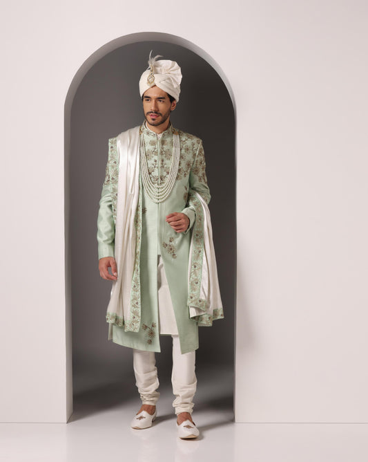 Pista green Shahi Zar Zari Dabka groom sherwani set | Bhavya Bhasin Couture