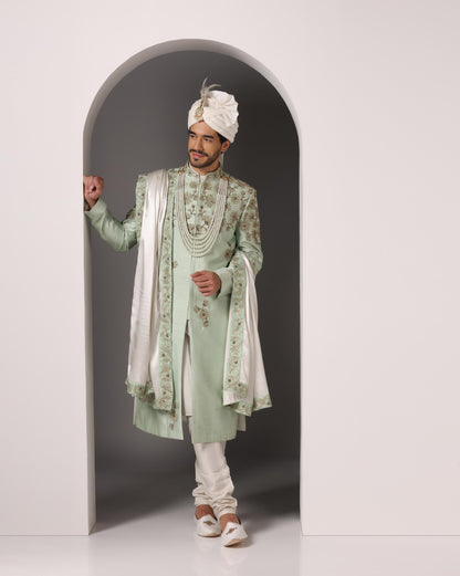 Pista green Zari and Dabka sherwani front detail | Bhavya Bhasin Couture