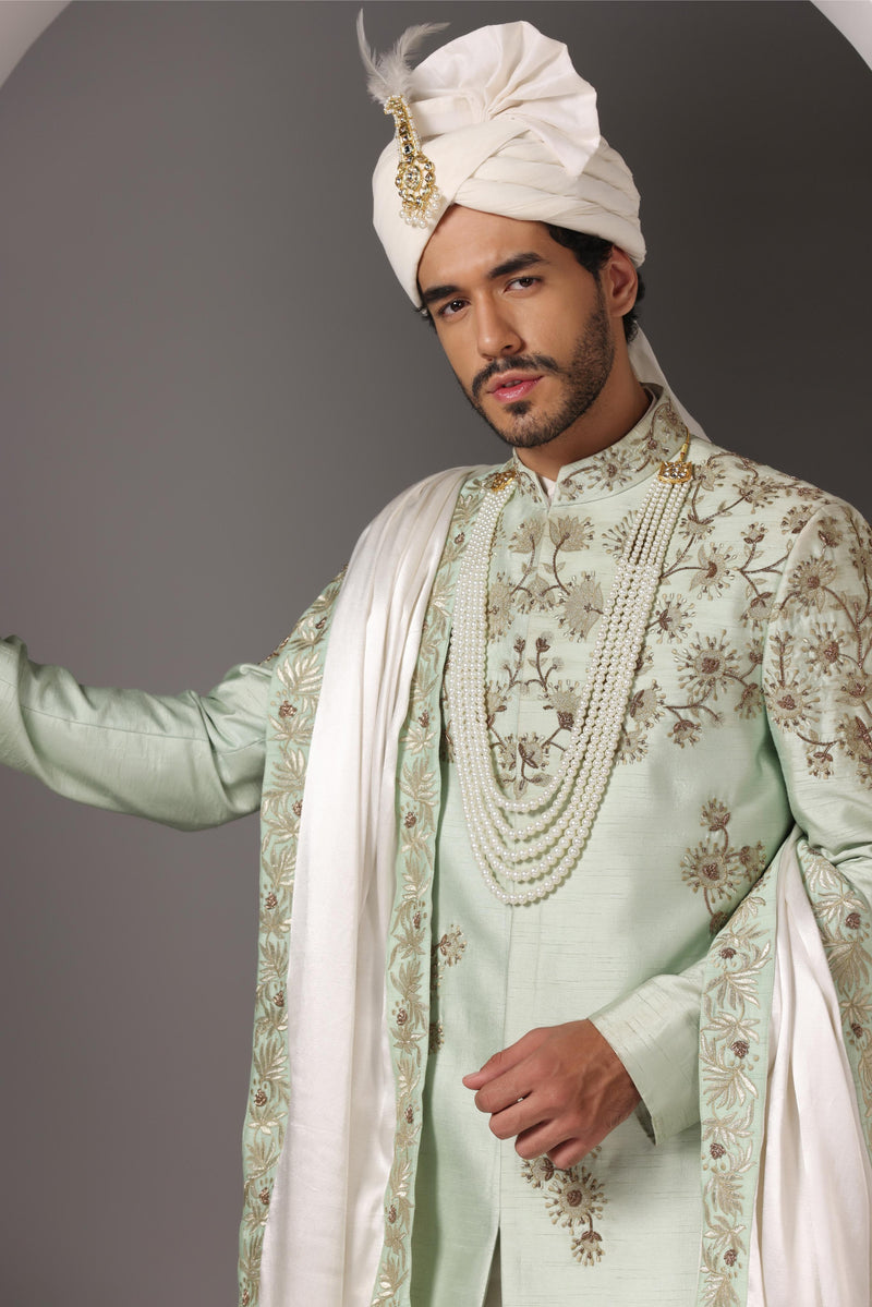 Regal Radiance: Pista Green Sherwani with Zari and Dabka Embellishments