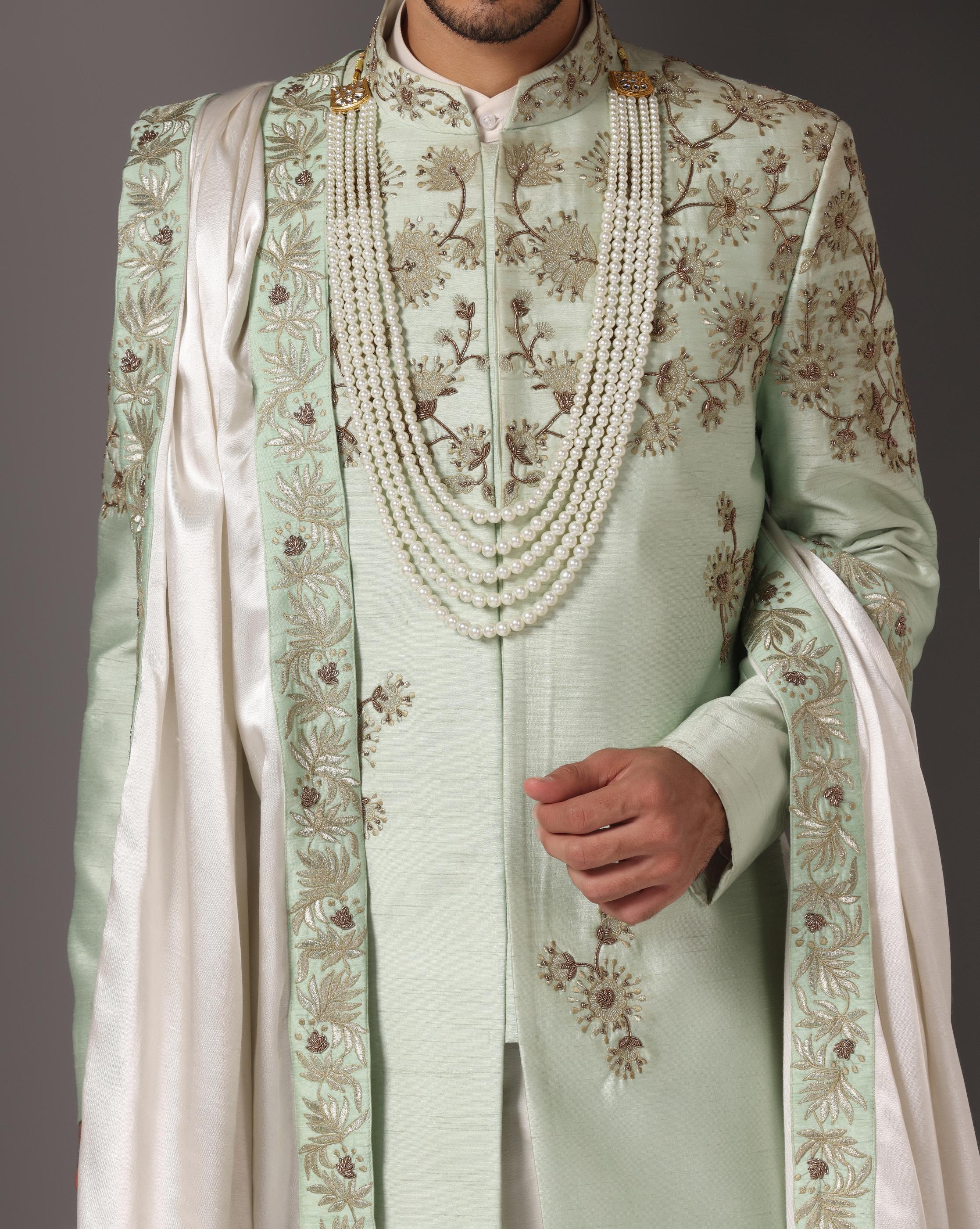 Regal Radiance: Pista Green Sherwani with Zari and Dabka Embellishments