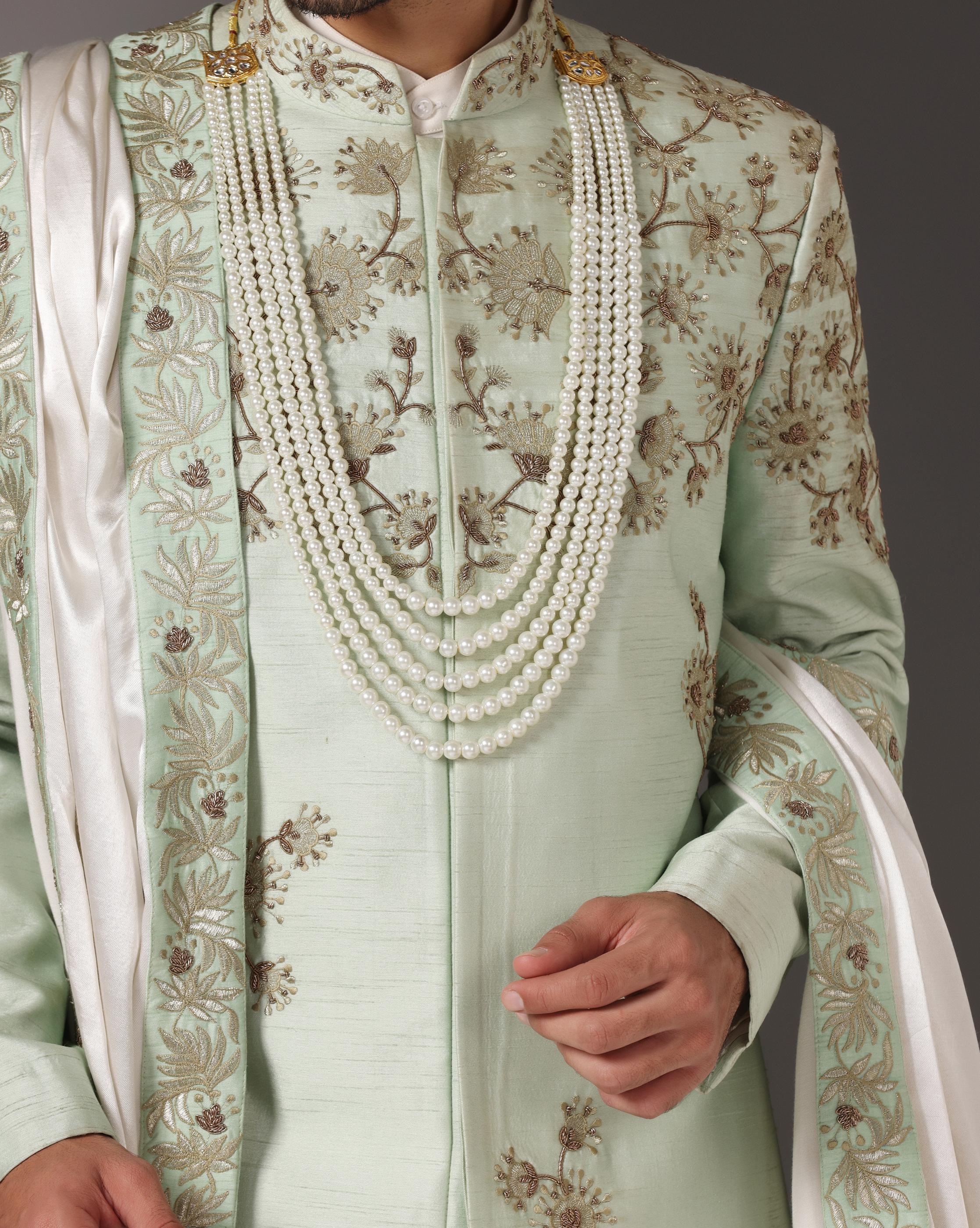 Regal Radiance: Pista Green Sherwani with Zari and Dabka Embellishments